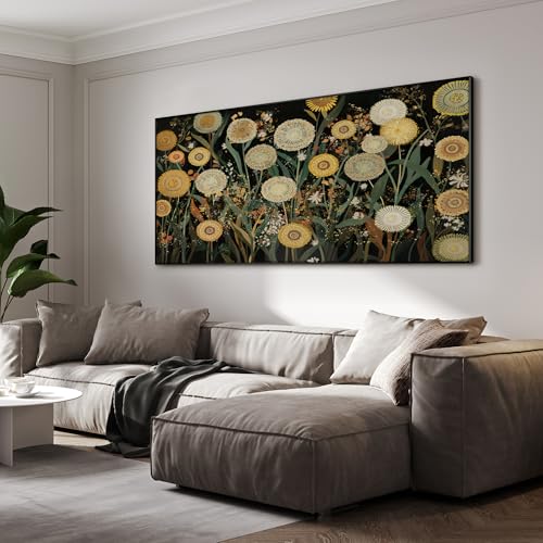 24"x46" Extra Large Framed Wall Art Whimsical Dandelion Field in Yellow and Green