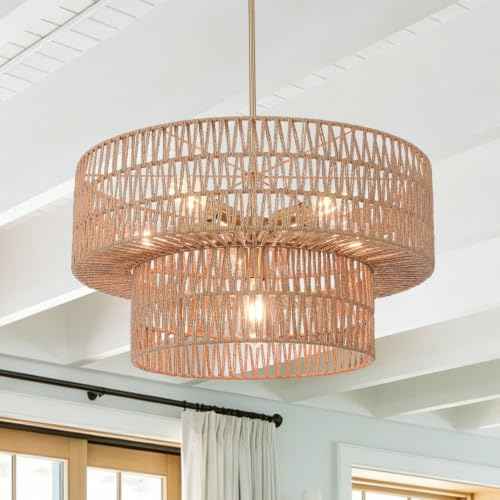 23.62" 6 Light Boho Chandelier Rattan Light Fixture Hand Woven Farmhouse Chandelier for Dining Room Ceiling Hanging Pendant Light for Kitchen Island Lighting