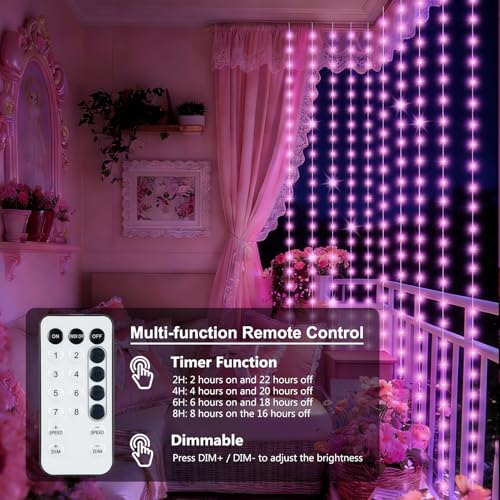 Curtain Lights Battery Operated 9.8 x 9.8Ft with Timer Pink (300 Count)
