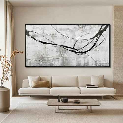 Black Line Canvas Pictures Gray Decorative Painting 29"x58" Wood Wall Art Modern Art Prints Abstract Wall Art for Living Room Wall Pictures for Bedroom