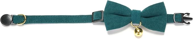 Cotton Breakaway Kitten Collar with Bow Tie and Bell Adjustable Cute Soft Corduroy Cat Collars for Small Cats(Dark Green,XS)