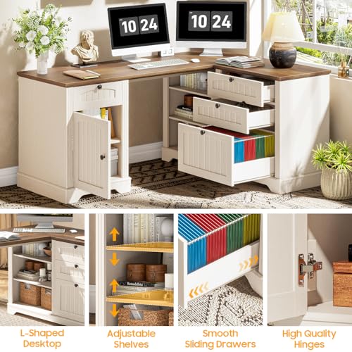 Farmhouse L Shaped Desk with Drawers