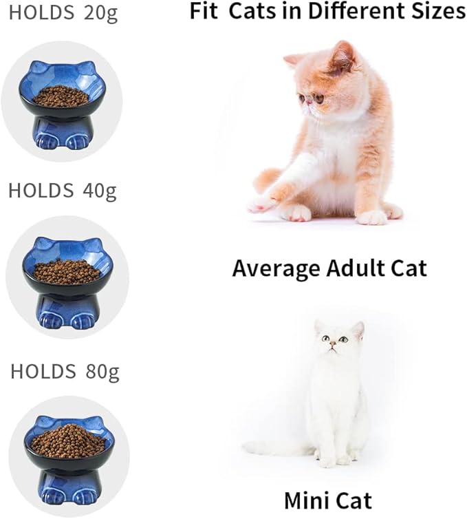 Nihow Slanted Elevated Cat Bowls: 5 Inch Ceramic Raised Cat Food Bowl for Protecting Pet's Spine - Microwave & Dishwasher Safe -Elegant Blue & Black (4.5 OZ /1 PC)