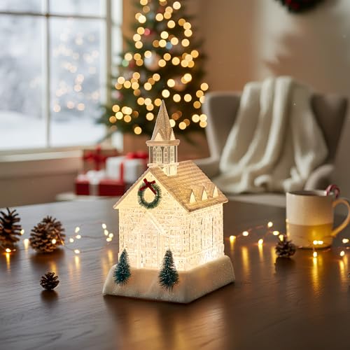Christmas Lighted Church Water Lantern Snow Globe with Evergreens and Wreath
