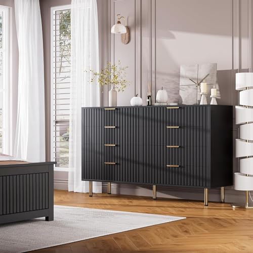 55" Fluted Black 8 Drawer Dresser for Bedroom with Deep Drawers