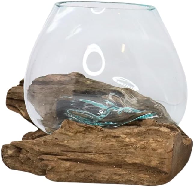 GamalFlow Medium Melted Glass Bowl On Wood Base, Perfect Terrarium or Planter, Brown, About 8" Wide