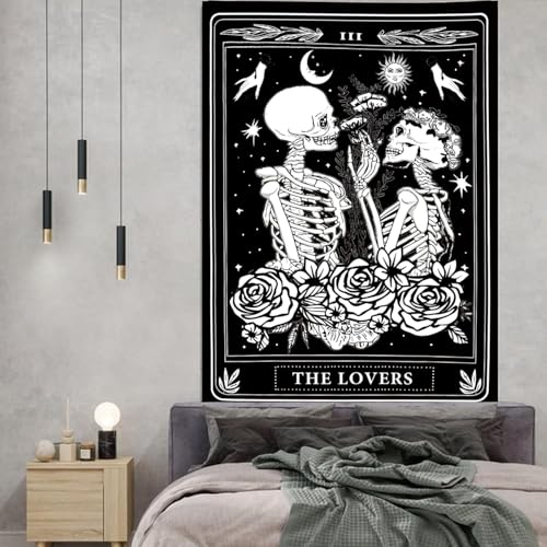 The Lovers Skull Tapestry Gothic Tapestry Vertical Black and White Skeleton Gothic Witch Sun Moon Floral Plant Snake Tapestries Wall Hanging Decor for Bedroom Dorm Room 35 x 47 Inches