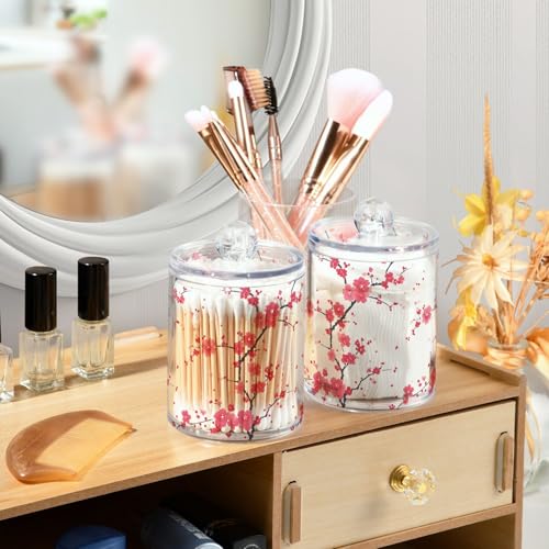 2 Pack Qtip Holder Organizer Dispenser Branches Pink Cherry Blossom Bathroom Storage Canister Cotton Ball Holder Container for Cotton Pads (2 Count)