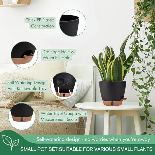 5-Pack Self-Watering Plastic Plant Pots 5/5.5/6/6.5/7 Inch– Black Indoor Flower Pots with Wick & Water Tray for Herbs, Succulents, Seedlings, Small Plants (5 Count)