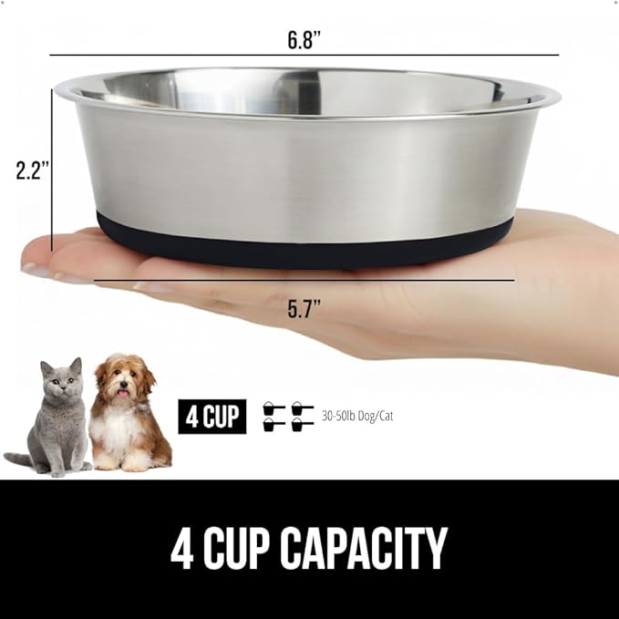 GORILLA GRIP Dog Bowls, Holds 4 Cups Each (32 fl oz), Heavy Duty Stainless Steel Food and Water Bowl for Feeding Dogs and Cats, Dishwasher Safe, Rust Resistant, BPA Free Rubber Base, Set of 2 Black