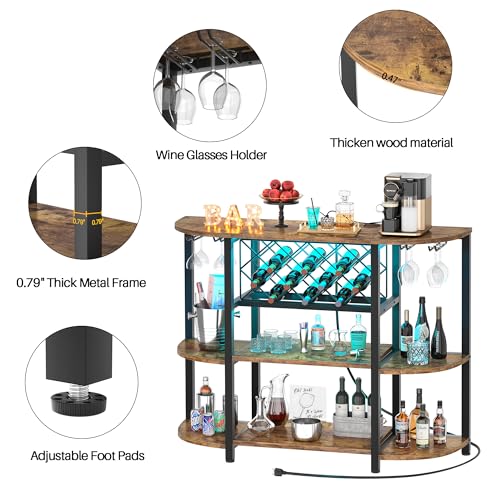Tiger Grain 47" Curved Farmhouse Wine Bar Cabinet with RGB LED Lights & Power Outlets