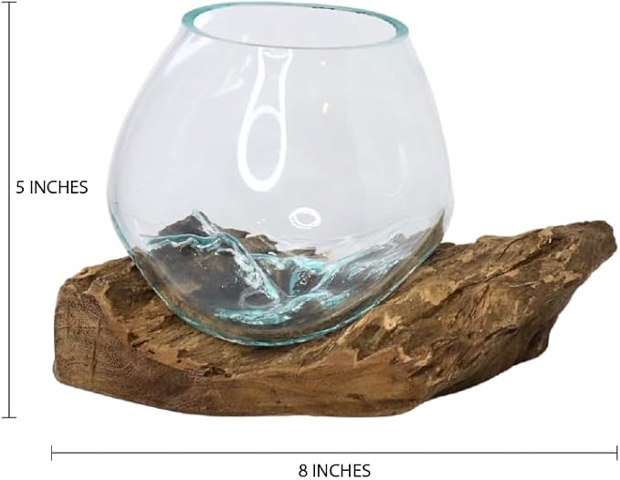 GamalFlow Medium Melted Glass Bowl On Wood Base, Perfect Terrarium or Planter, Brown, About 8" Wide