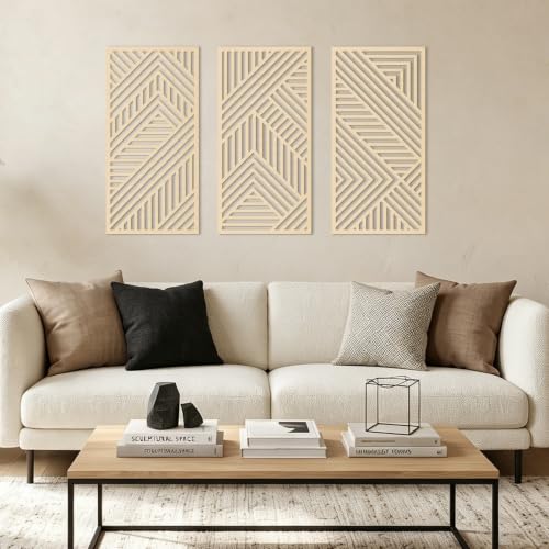 Large Boho Wood Wall Art 16x32 Inch Mid Century Modern Wooden Wall Decor Minimalist Abstract Geometric Artwork for Living Room Office Set of 3