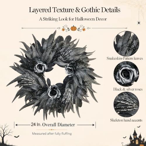 24 Inch Black and Silver Rose Halloween Wreath with 3 Skeleton Hands