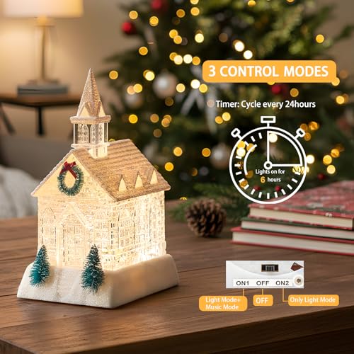 Christmas Lighted Church Water Lantern Snow Globe with Evergreens and Wreath