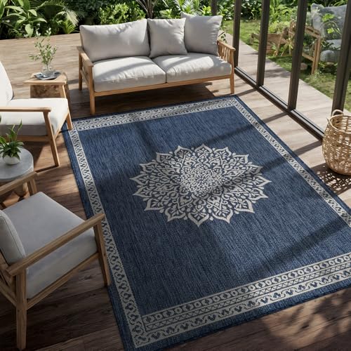Outdoor Rug 5x7 Medallion Blue Modern Area Rugs for Indoor and Outdoor Patios Kitchen and Hallway Mats Washable Porch Deck Outside Carpet (35 Sq Ft)
