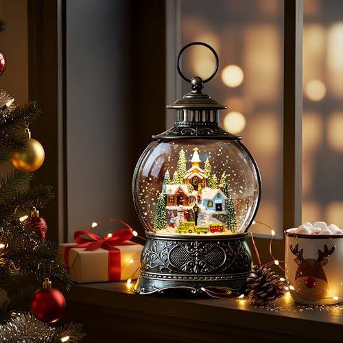 Christmas Snow Globe Water Lantern with Mountain Village and Train Scene Battery Operated or USB Powered Musical Lighted Holiday Decoration for Tabletop Display for Family and Friend