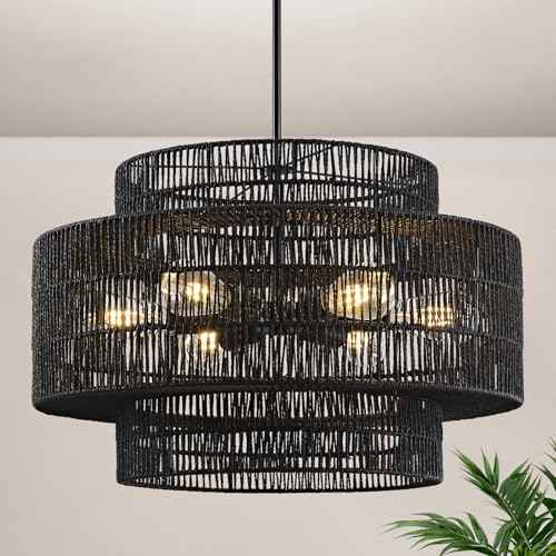 24" Black Rattan Chandelier for Dining Room