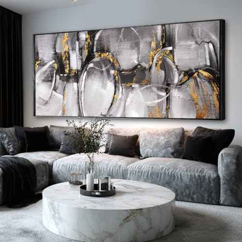 Abstract Canvas Wall Art Grey and Gold Wall Decor Line Print Pictures 32"x70" Bedroom Large Artwork Over Bed Office Posters