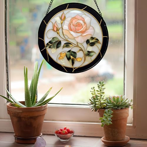 Pink Rose Stained Glass Window Hanging Suncatcher Gifts for Women 15"