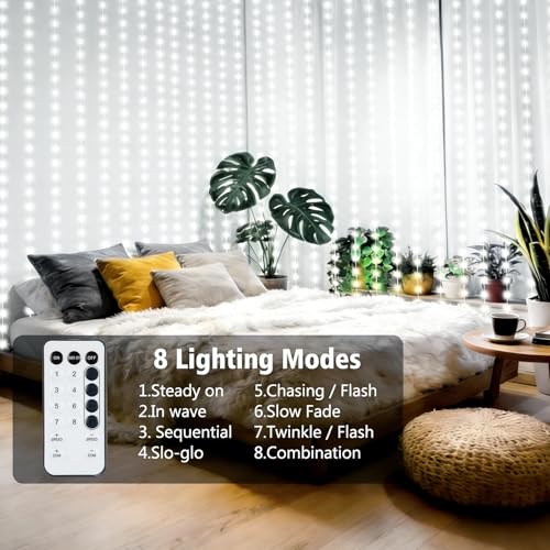 Curtain Lights Battery Operated 9.8 x 9.8Ft with Timer Cool White (300 Count)