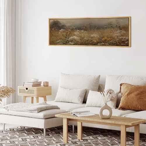 Large Framed Canvas Print Wall Art Autumn Meadow Landscape Rustic Field Illustrations Antique Retro Fine Art Illustrations Decorative Colorful for Bedroom