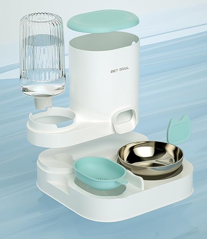 Automatic Cat Feeder & Water Dispenser - Dual Container for Dry/Wet Food, Two-in-One Upgraded Gravity Feeder and Water Dispenser Combo Set for Cats and Dogs.(Green)