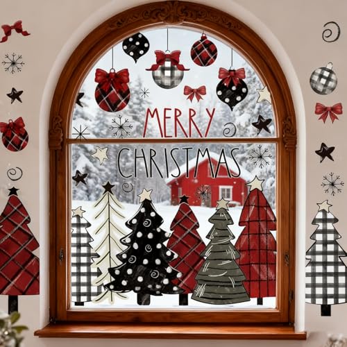 Christmas Window Clings for Glass 9 Sheet Xmas Tree Window Decals with Plaid Designs Window Stickers Winter Windows Cling for Party Supplies Home School Office Glass Decorations (9 Count)