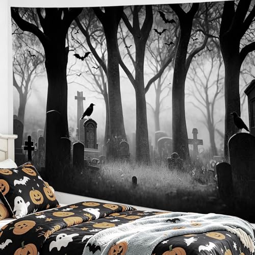 Spooky Halloween Cemetery Tapestry Scary Tombstone with Dead Trees Forest Tapestry Wall Hanging Horror Ghost Party Background Tapestry for Bedroom Living Room Dorm 80Wx60L Inches