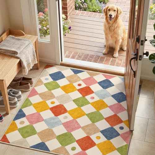 4x4 Square Rug Washable Kids Rug Colorful Checkered Play Mat (16 Sq Ft)