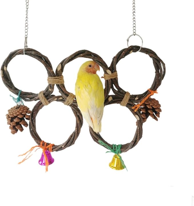 Circle Straw Bird Swing Stand Bird Perches Stand Hanging Chewing Toy for Parrots Bird Playground Cage Accessories Climbing Rope Net Ladders for Foraging Toys（Random Color） (6 Rings)