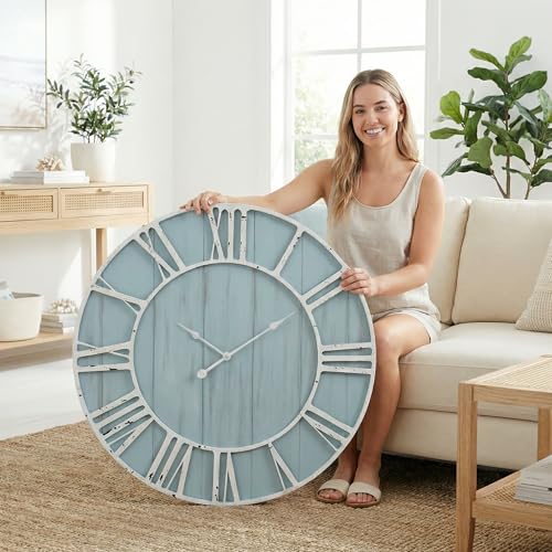 Large Farmhouse Wall Clock 30 Inch Vintage Blue Wooden Wall Clock with Quiet Ticking and Minimalist Roman Numerals for Bedroom Living Room Office Kitchen Home Decor