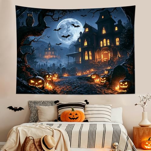 Spooky Halloween Wall Tapestry for Living Room Black Castle Bat with Pumpkin and Moon Tapestry Wall Hanging Spooky Forest Art Decor for Bedroom
