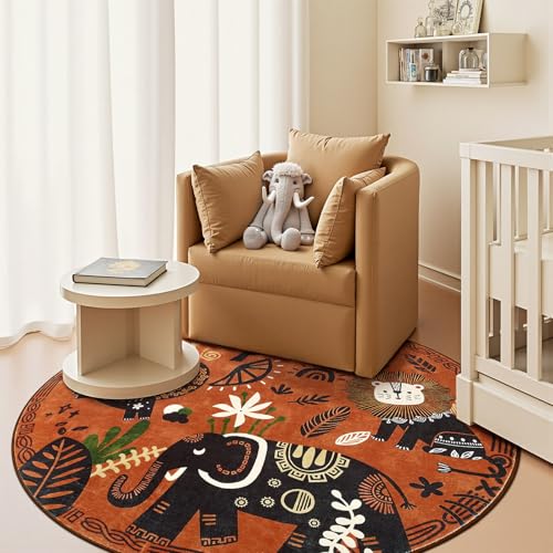 5ft Cute Round Rug Kids Washable Fun Rug Terracotta Boho Jungle Mat (19.63 Sq Ft)