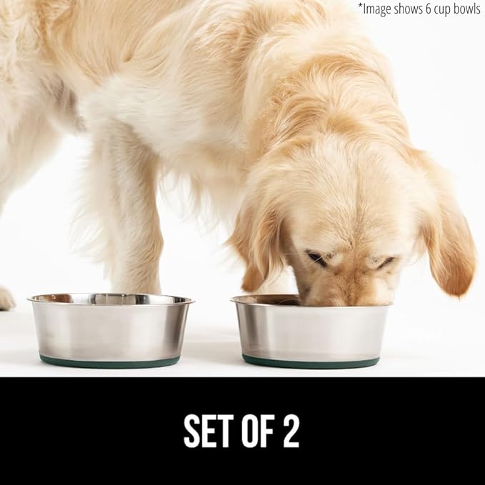 GORILLA GRIP Set of 2 Dog Bowls, Holds 6 Cups (48 fl oz), Heavy Duty Metal Food and Water Bowl for Feeding Dogs and Cats, Dishwasher Safe, Rust Resistant Stainless Steel, BPA Free Rubber Base, Green