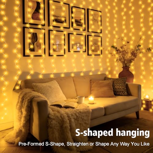 Curtain Lights Battery Operated 9.8 x 9.8Ft with Timer Warm White (300 Count)