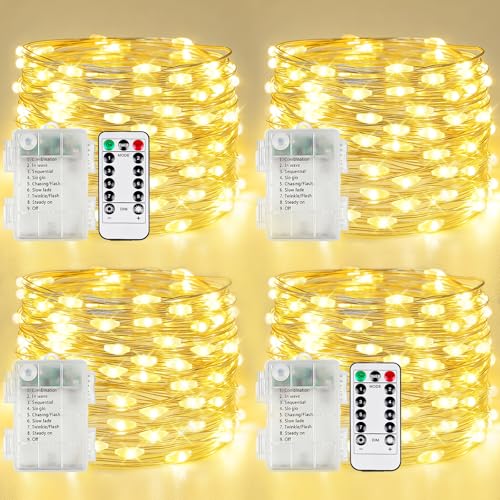 4 Pack Fairy Lights Battery Operated with Remote 120 LED 40 FT Warm White (4 Count)