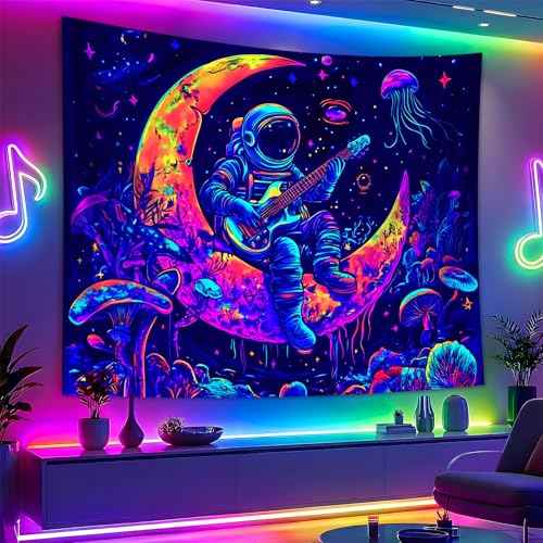 Blacklight Space Astronaut Tapestry UV Reactive Galaxy Planet Glow in Dark Tapestries Black Light Poster Neon Wall Hanging Art for bedroom Living Room