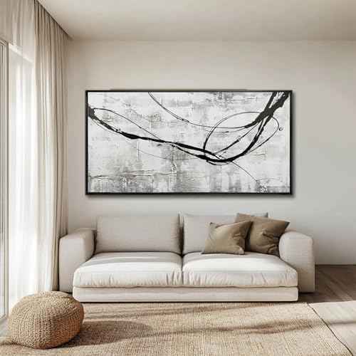 Abstract Framed Wall Art for Living Room White Pictures Canvas Black Arts Wall Decor Poster Prints Artwork for Hotel Gallery 24"x48"