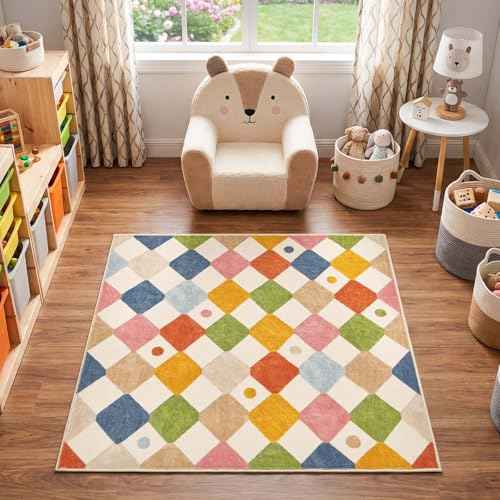 4x4 Square Rug Washable Kids Rug Colorful Checkered Play Mat (16 Sq Ft)
