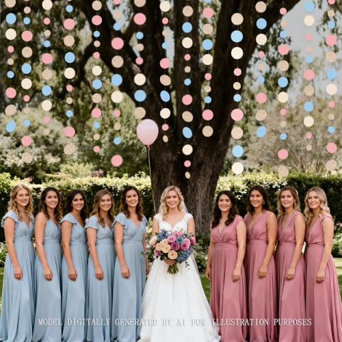 Champagne Gold Dusty Pink Blue Cream Beige Circle Dot Hanging Streamer Polka Dot Garland Banner for Birthday Wedding Bridal Shower Engagement Boho Gender Reveal Party Decorations Supplies