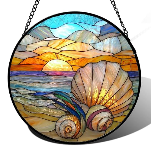 Ocean Stained Glass Window Hanging Suncatcher Beach Gifts for Women 12"