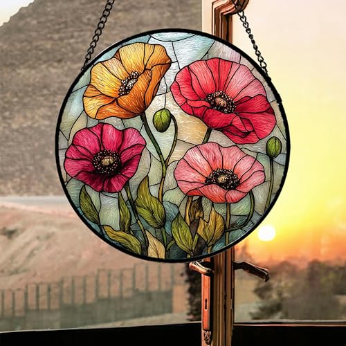 Poppy Flower Stained Glass Window Hanging Suncatcher Gifts for Women 9.8"