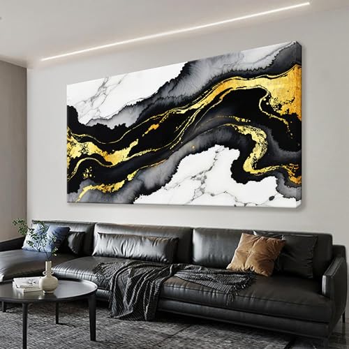 Abstract Black And Gold Wall Art For Living Room Artwork 24x48 Inch