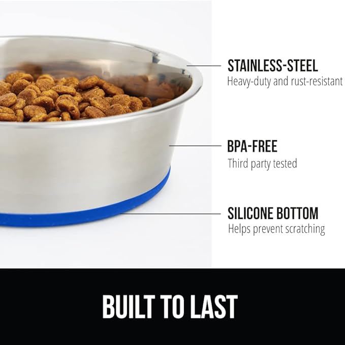 GORILLA GRIP Dog Bowls, Holds 2 Cups Each (16 fl oz), Heavy Duty Stainless Steel Food and Water Bowl for Feeding Dogs and Cats, Dishwasher Safe, Rust Resistant, BPA Free Rubber Base, Set of 2 Blue
