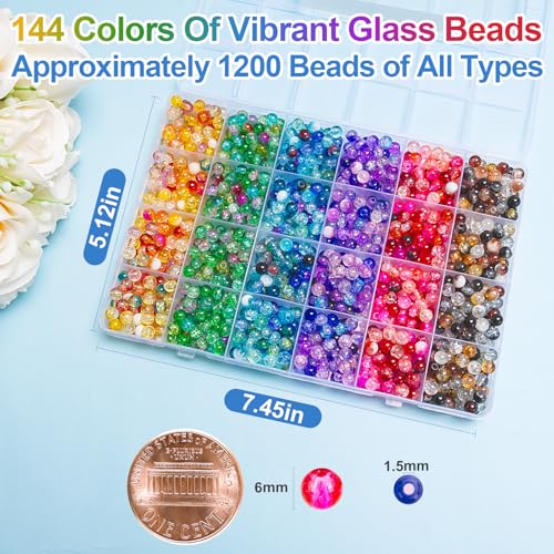 About 144 Colors 1200PCS 6mm Crack Glass Beads Bracelet Making Set (1200 Count)