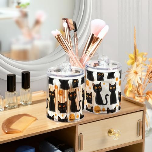 2 Pack Qtip Holder Organizer Dispenser Black Cats Halloween Bathroom Storage Canister Cotton Ball Holder Container for Cotton Pads (2 Count)