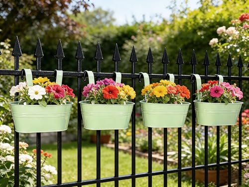 6 Pack 10" Balcony Hanging Metal Fence Planters Flower Pots (6 Count)