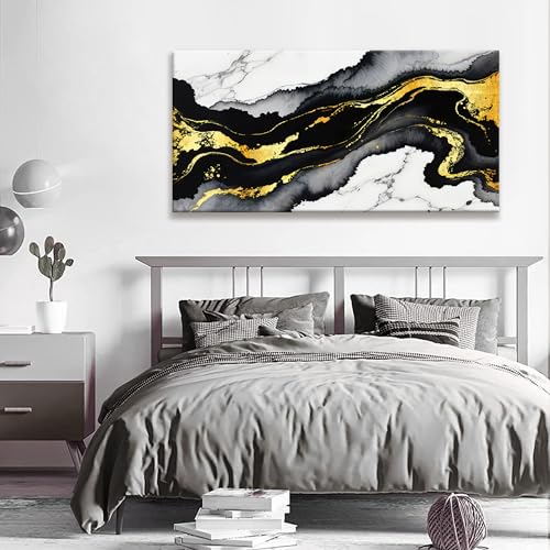 Abstract Black And Gold Wall Art For Living Room Artwork 24x48 Inch