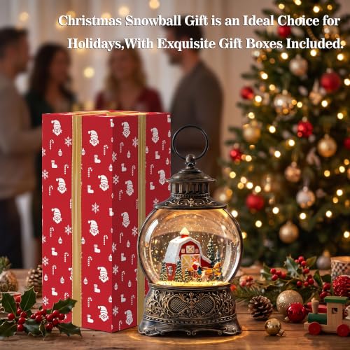 Christmas Snow Globes Christmas Water Lantern with Carriage Red barn Farm Scene Music & 6H Timer USB Lined